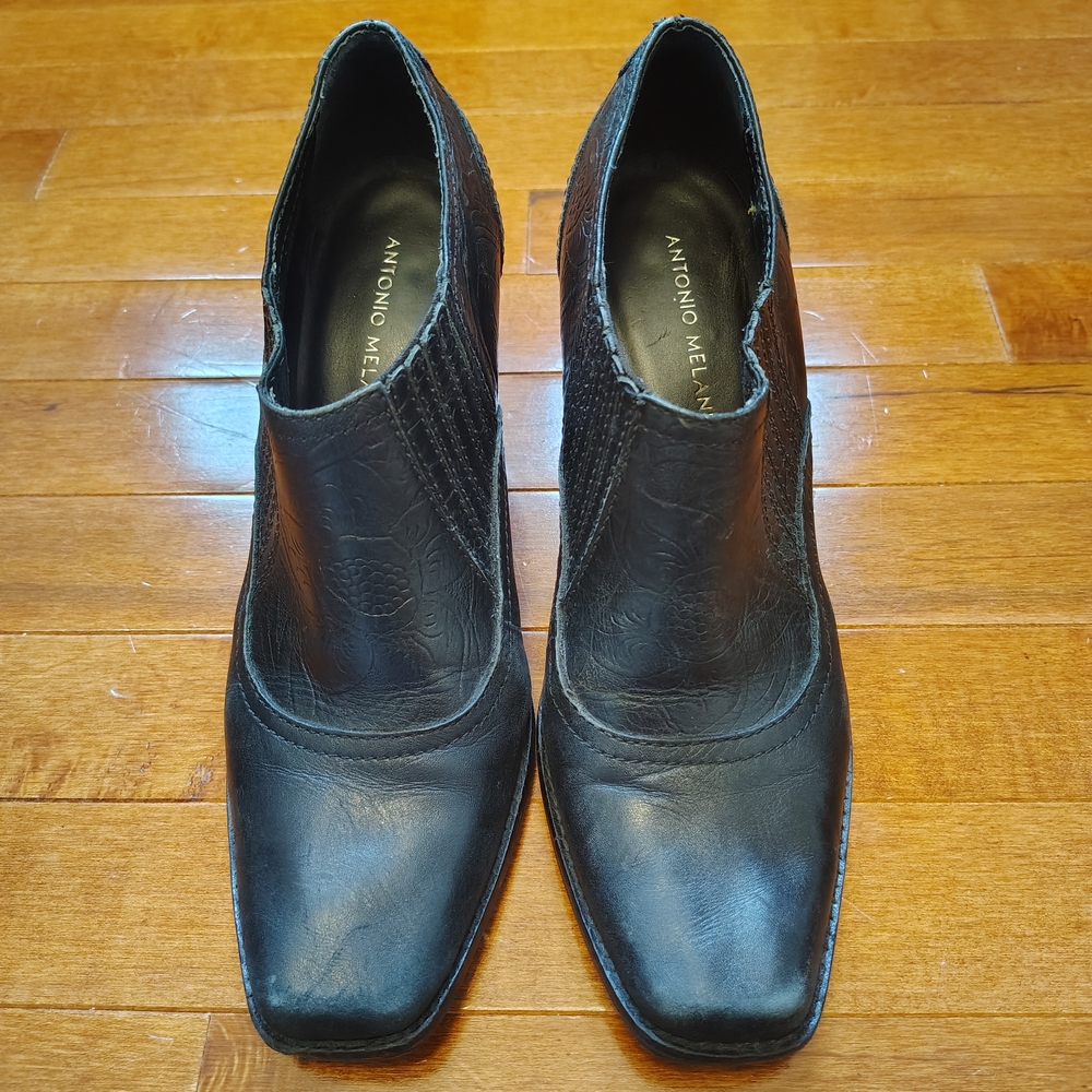 ANTONIO MELANI Boho Western Black Embossed Floral Leather Ankle Booties - 8.5